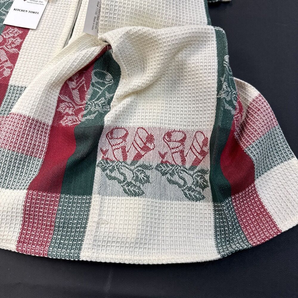 Kitchen Towels Green Red Tartan Plaid Bells Holly Waffle 100% Cotton NWT 5 Set - Picture 6 of 7